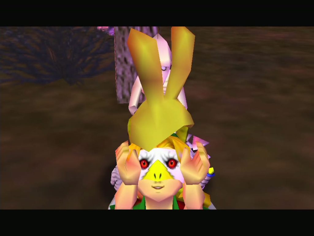 Link holds up the Bunny Hood given by Grog for raising the Cuccos. Link holds up the Bunny Hood given by Grog for raising the Cuccos.