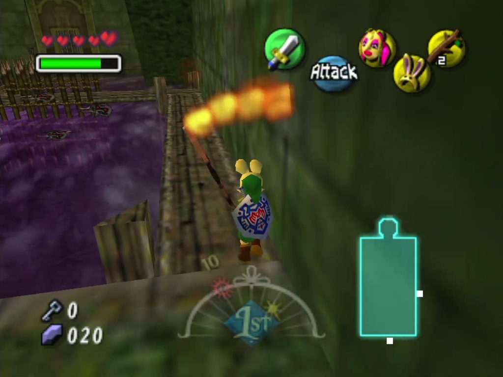 Link carries a lit Deku Stick along the bridge to burn the webbing upstairs. Link carries a lit Deku Stick along the bridge to burn the webbing upstairs.