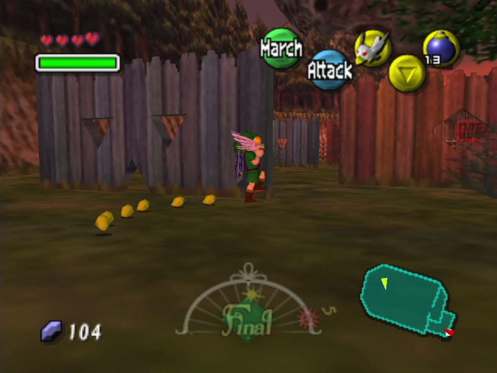 A line of chicks marches behind Link as he wears the Bremen Mask. A line of chicks marches behind Link as he wears the Bremen Mask.