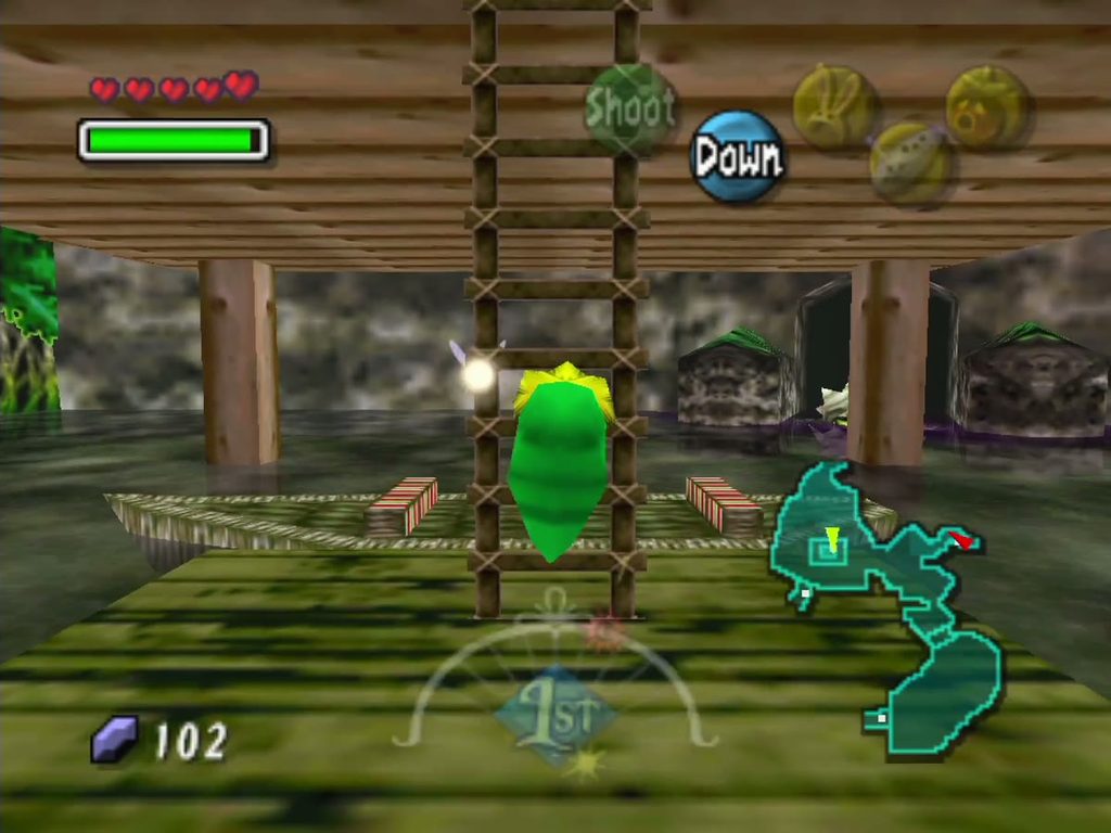 Link climbs the ladder to the boat-tour counter at the Swamp Tourist Center.