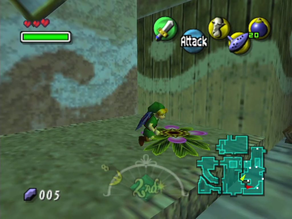 Deku Link sinks into the Deku Flower outside the Stock Pot Inn. Deku Link sinks into the Deku Flower outside the Stock Pot Inn.