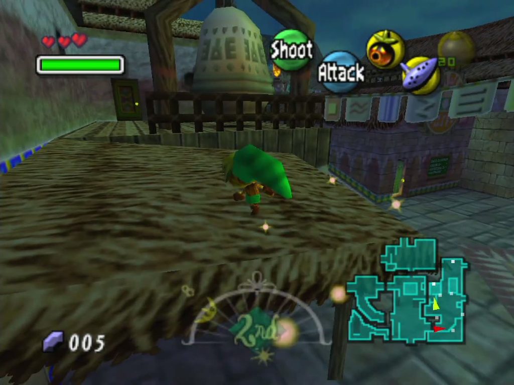 Deku Link descends on his flower petals to the inn's second-story entrance. Deku Link descends on his flower petals to the inn's second-story entrance.