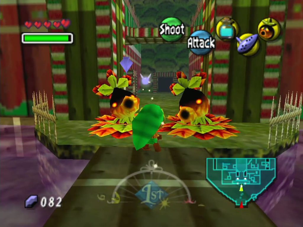 Deku Link walks the entrance causeway between the Deku guards' braziers.