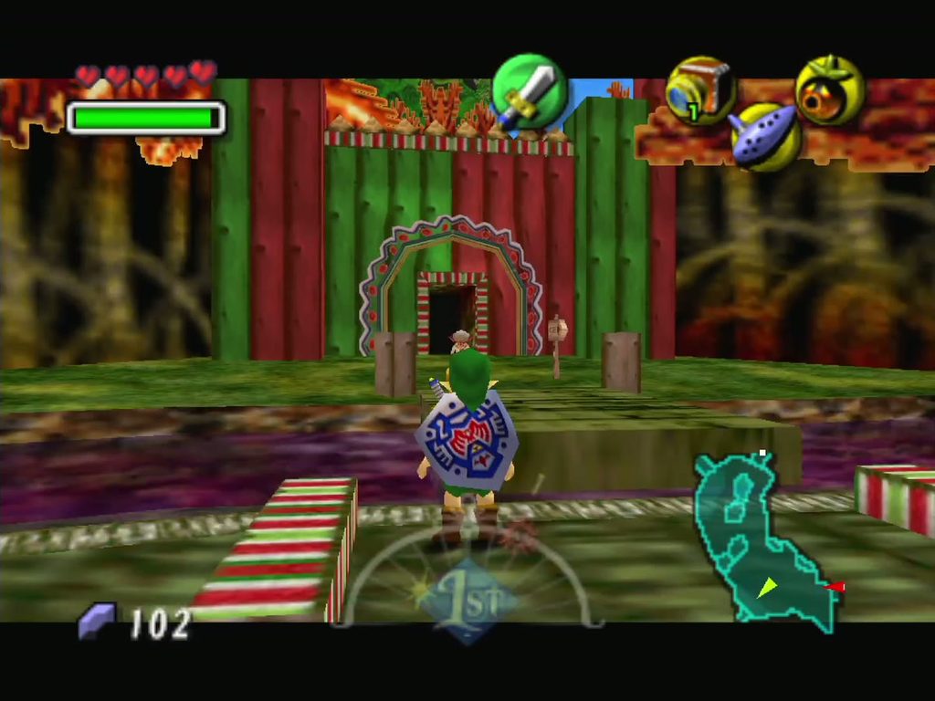 The striped archway at the Deku Palace landing, the end point of this route.