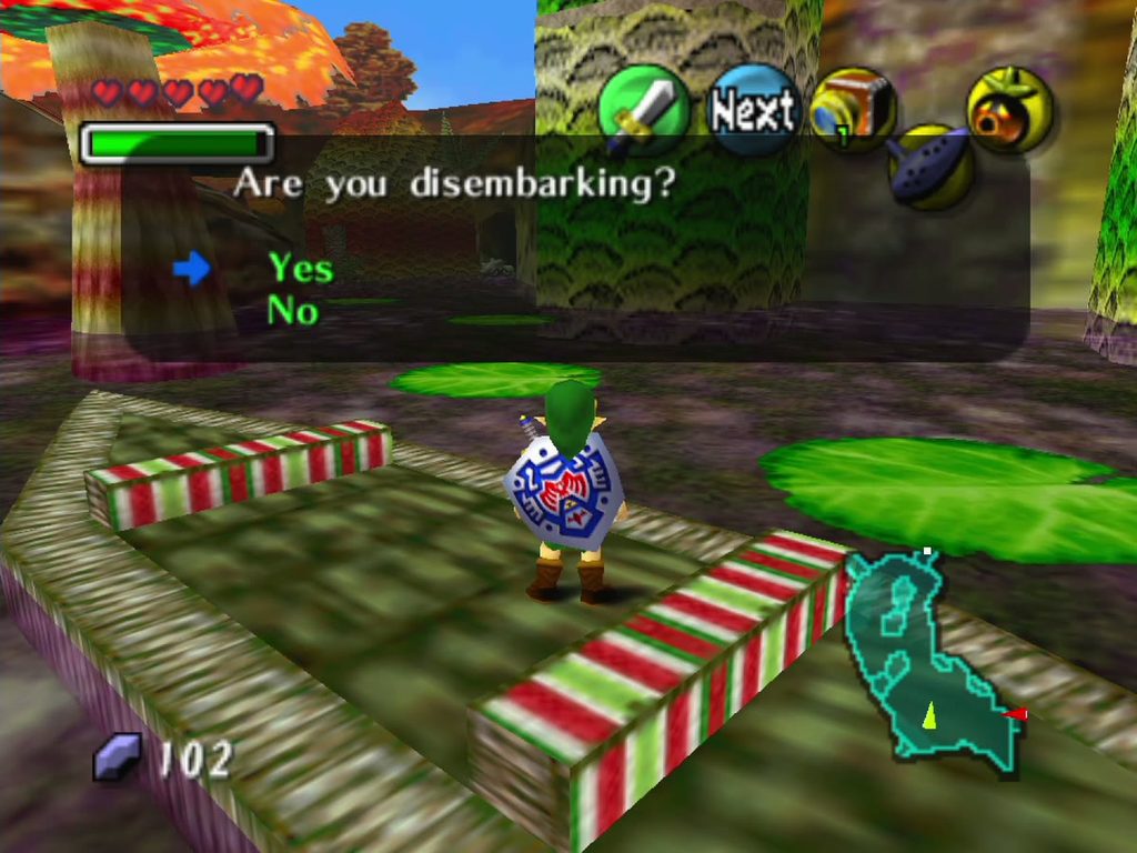 The prompt asking whether to disembark at Deku Palace, with Yes selected.