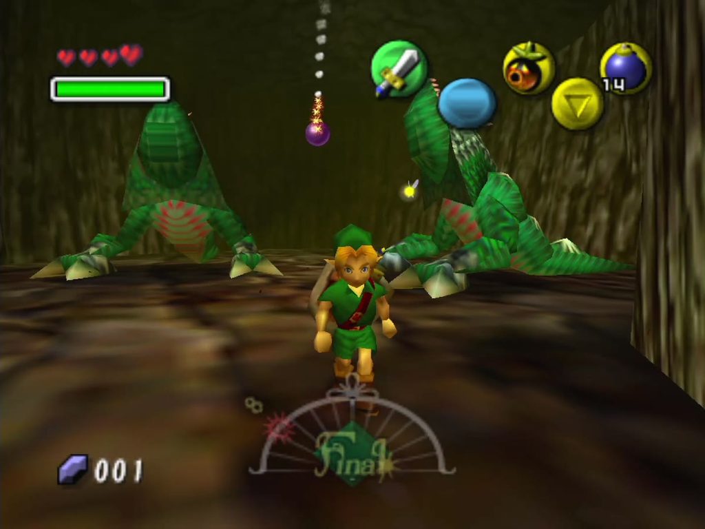Link takes on two Dodongos at a time inside the grotto. Link takes on two Dodongos at a time inside the grotto.