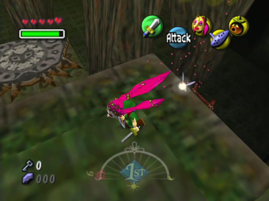 Link, in the Great Fairy's Mask, strikes the enemy guarding the next Stray Fairy. Link, in the Great Fairy's Mask, strikes the enemy guarding the next Stray Fairy.