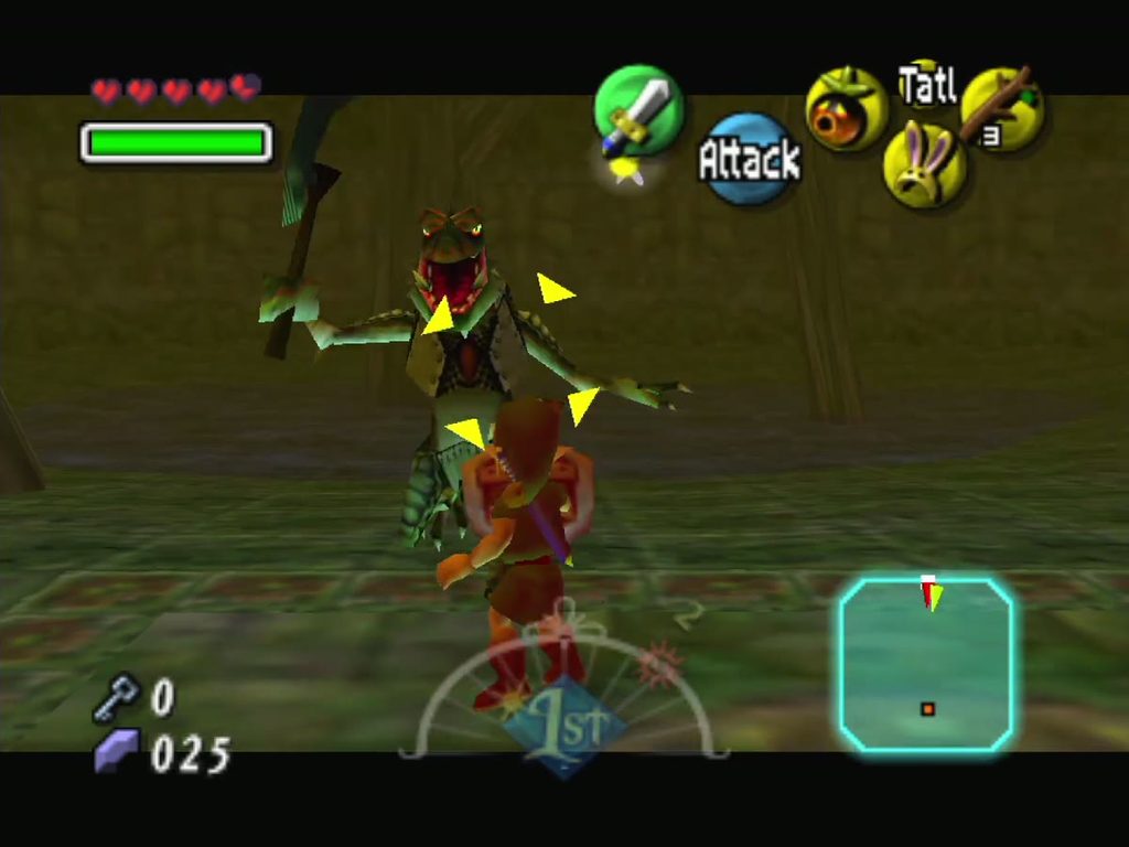 Link trades sword blows with the Z-targeted Dinolfos. Link trades sword blows with the Z-targeted Dinolfos.