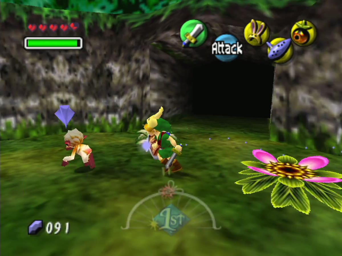 Link stays close behind the monkey as it leads the way through the woods.