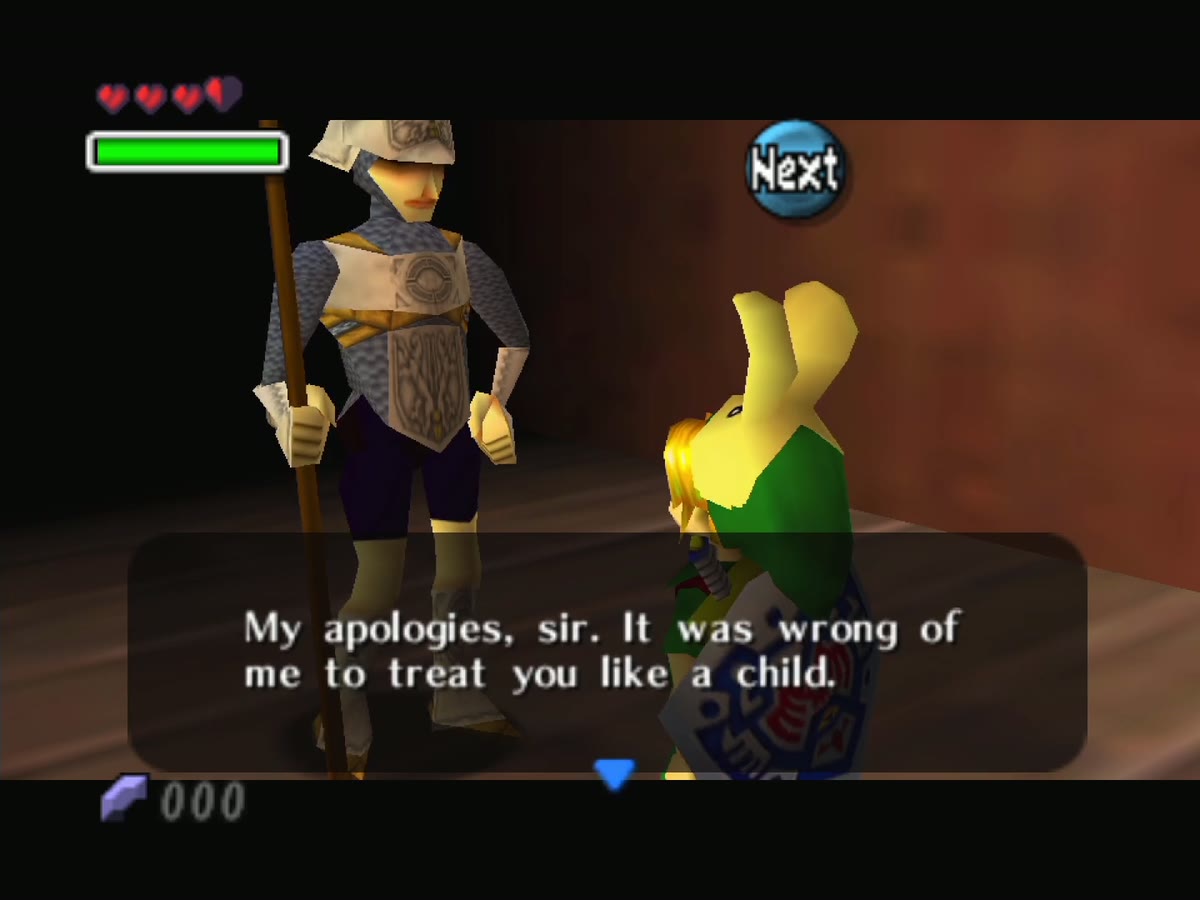 The guard apologises and lets Link leave through the south gate.