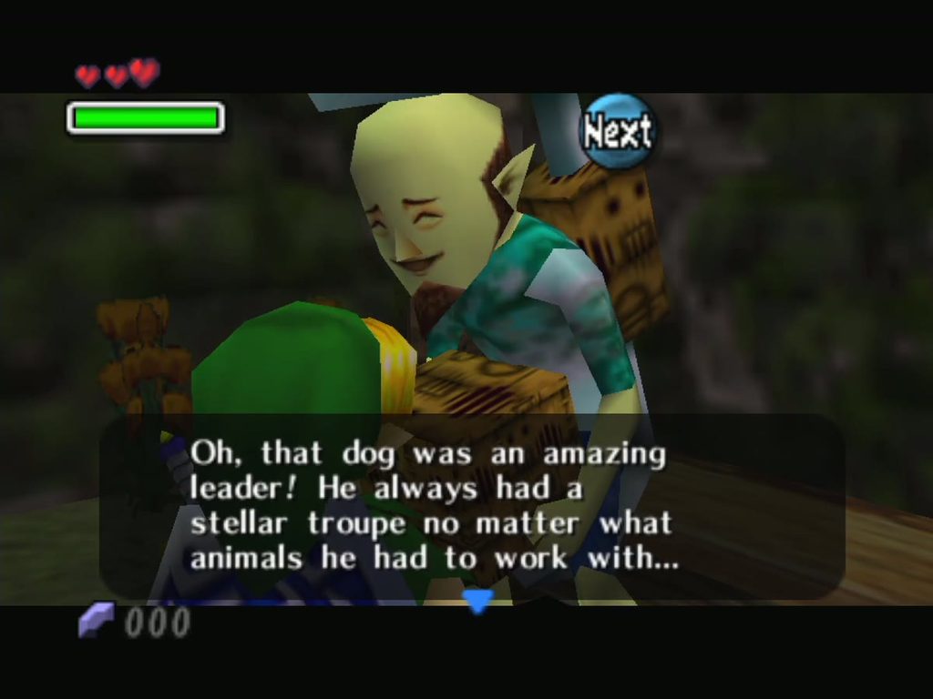 Guru-Guru tells Link about the dog that led his former animal troupe. Guru-Guru tells Link about the dog that led his former animal troupe.