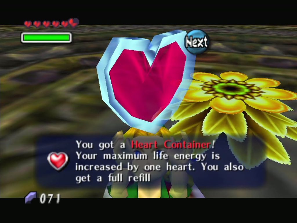 Link receives the Heart Container for defeating Odolwa. Link receives the Heart Container for defeating Odolwa.