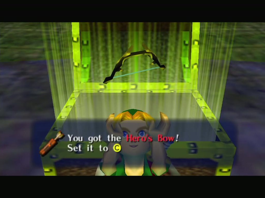 Link receives the Hero's Bow from the chest the Dinolfos was guarding. Link receives the Hero's Bow from the chest the Dinolfos was guarding.