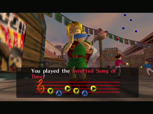 The Inverted Song of Time note staff while Link plays the Ocarina of Time. The Inverted Song of Time note staff while Link plays the Ocarina of Time.
