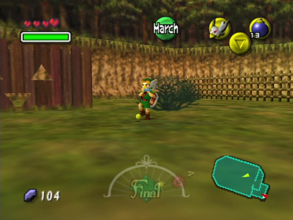 Link marches in the pen wearing the Bremen Mask with a chick at his feet. Link marches in the pen wearing the Bremen Mask with a chick at his feet.