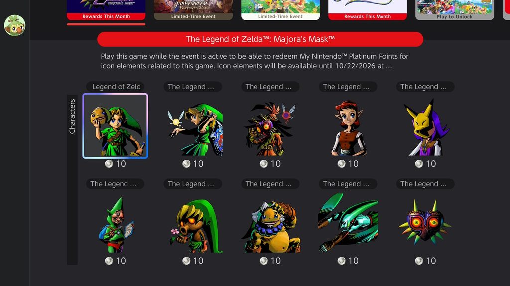 Majora’s Mask Icons Return to Nintendo Switch Online 1 Majora’s Mask Nintendo Switch Online icons featuring Link, Skull Kid, Anju, Kafei, and Tingle, each available for 10 Platinum Points.