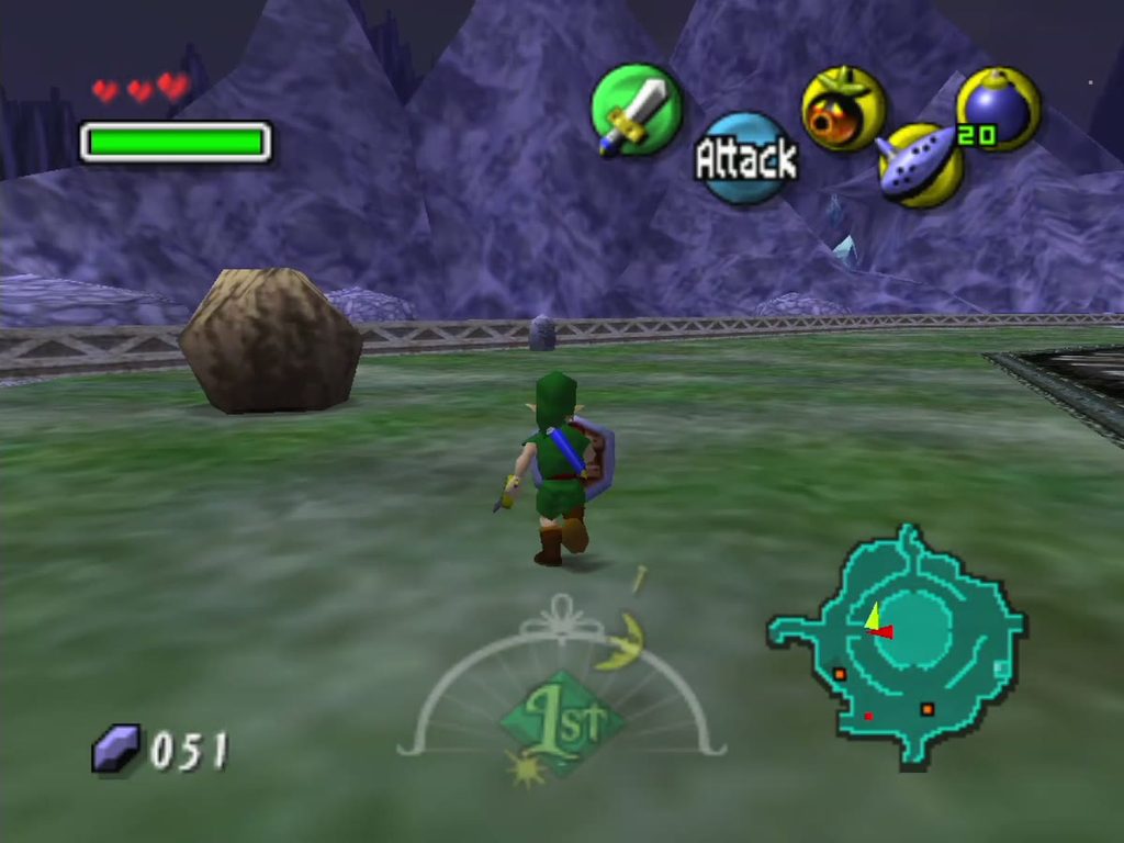 Link crosses the rocky northern Termina Field at night toward the mushroom-shaped rocks. Link crosses the rocky northern Termina Field at night toward the mushroom-shaped rocks.