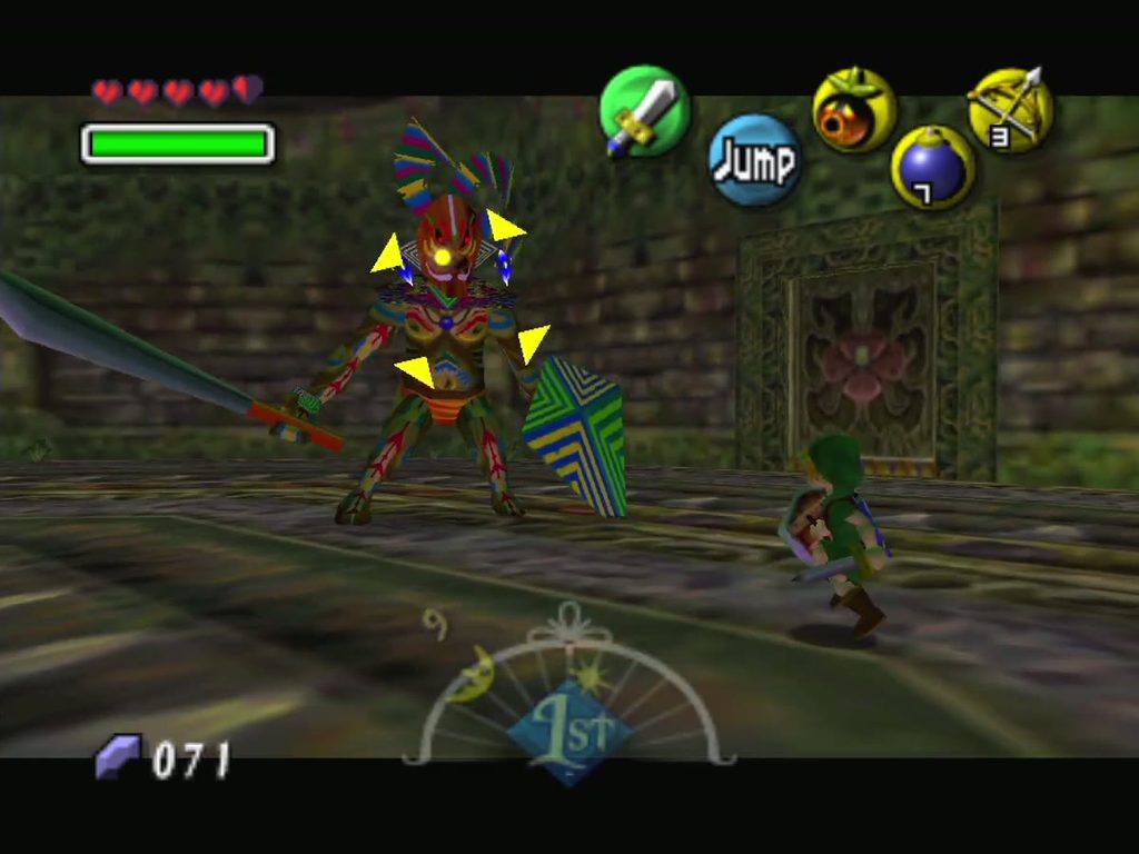 Odolwa raises his sword and shield as Link targets him. Odolwa raises his sword and shield as Link targets him.
