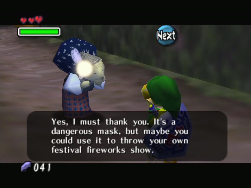 The Old Lady offers Link a dangerous mask for his own festival fireworks show. The Old Lady offers Link a dangerous mask for his own festival fireworks show.