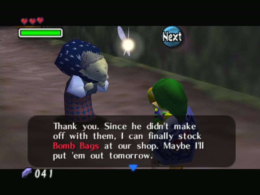 The Old Lady thanks Link and says she can finally stock Bomb Bags at her shop. The Old Lady thanks Link and says she can finally stock Bomb Bags at her shop.