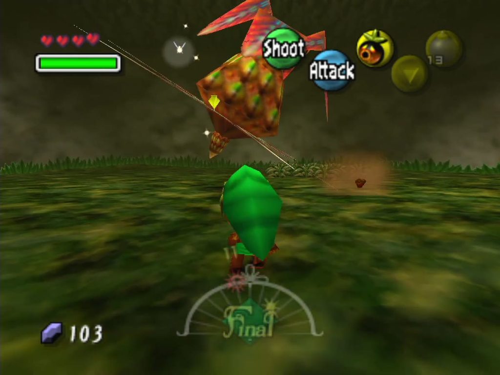 he Peahat hovers above Deku Link with its red blades spread. he Peahat hovers above Deku Link with its red blades spread.