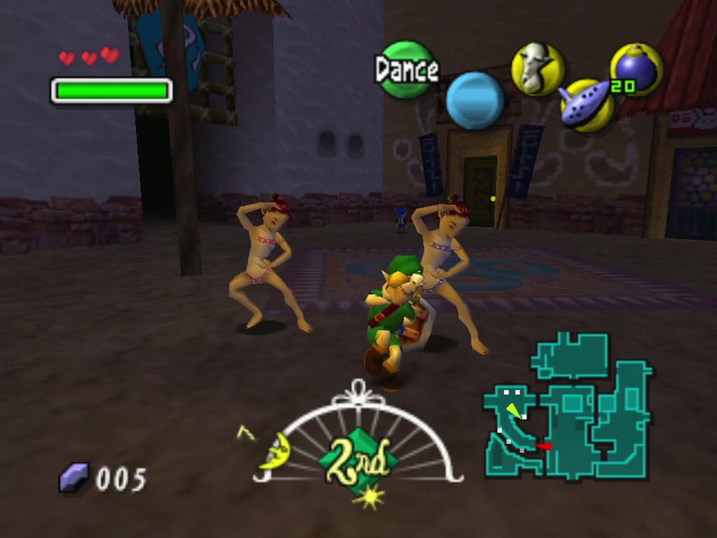 Link performs Kamaro's dance while the Rosa Sisters copy him. Link performs Kamaro's dance while the Rosa Sisters copy him.