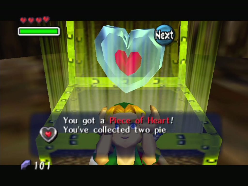 The Piece of Heart rises from the chest in the Dodongo grotto. The Piece of Heart rises from the chest in the Dodongo grotto.