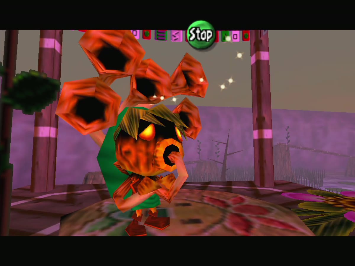 Deku Link plays the Sonata of Awakening on the central Woodfall pedestal.