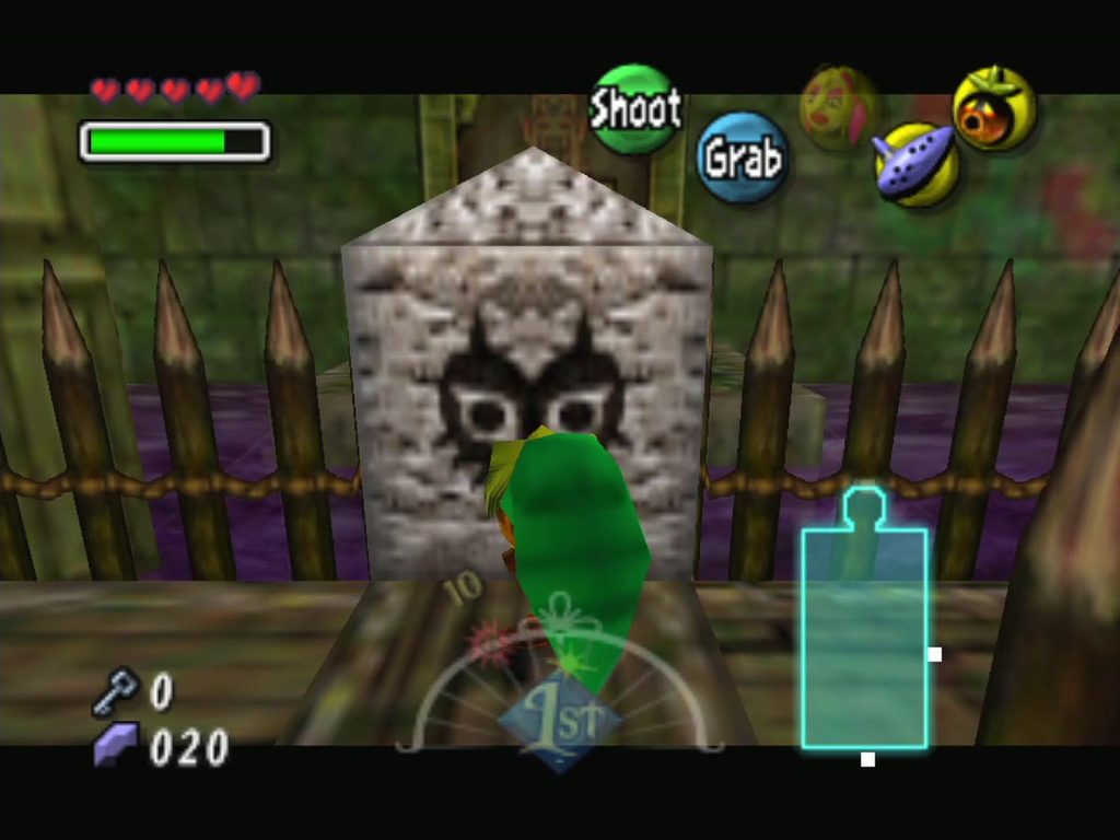 Link pushes the skull-faced block along the bridge over the poison water. Link pushes the skull-faced block along the bridge over the poison water.