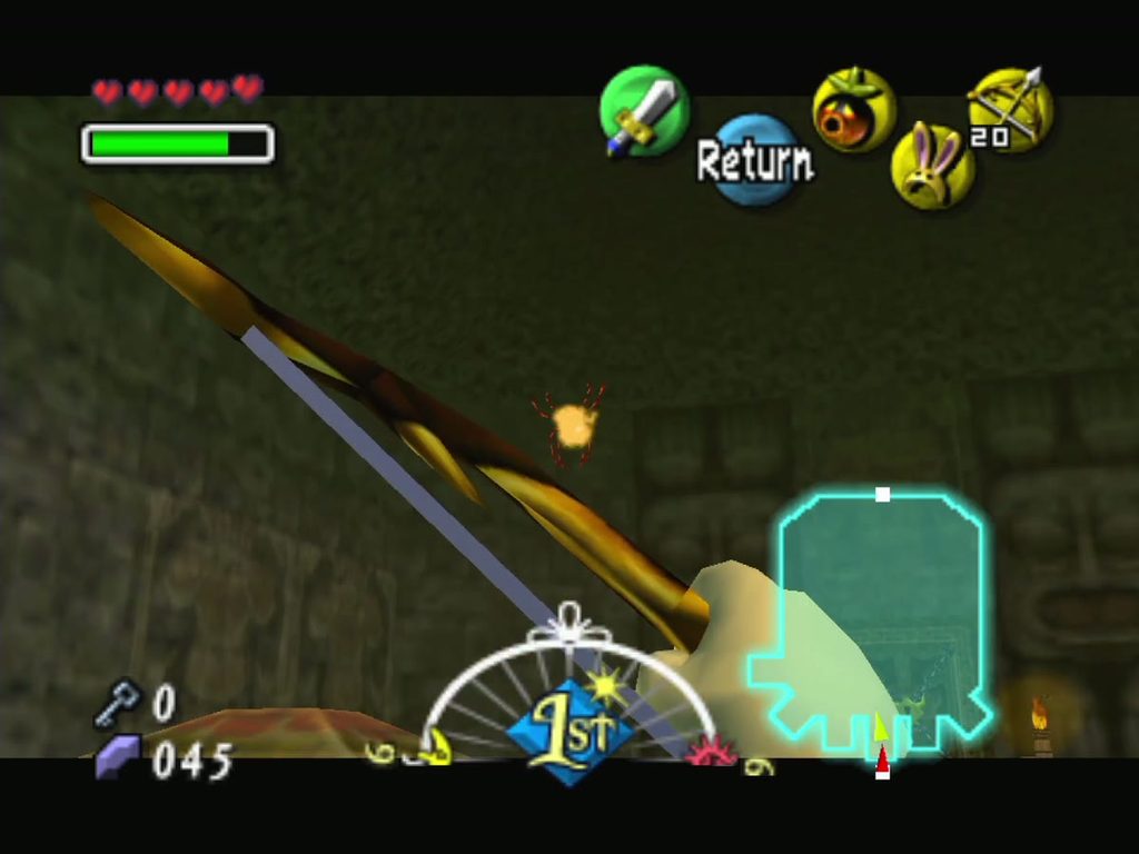 Link fires an arrow at a bubble holding a Stray Fairy. Link fires an arrow at a bubble holding a Stray Fairy.