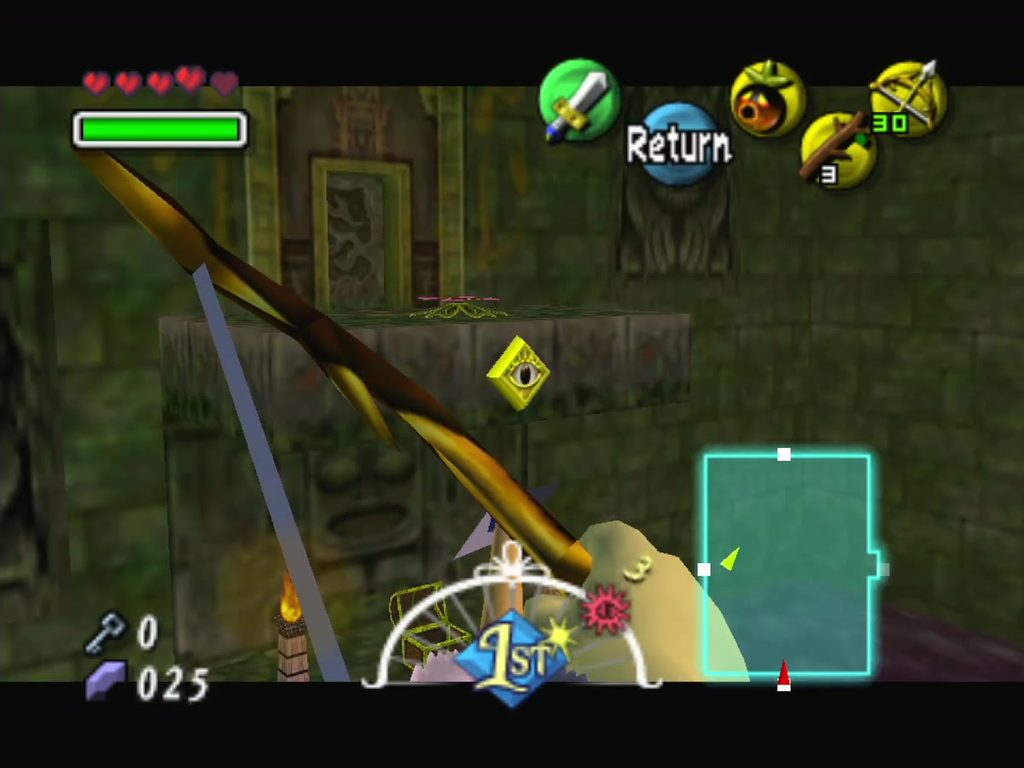 Link fires an arrow across the chamber at the eye switch. Link fires an arrow across the chamber at the eye switch.