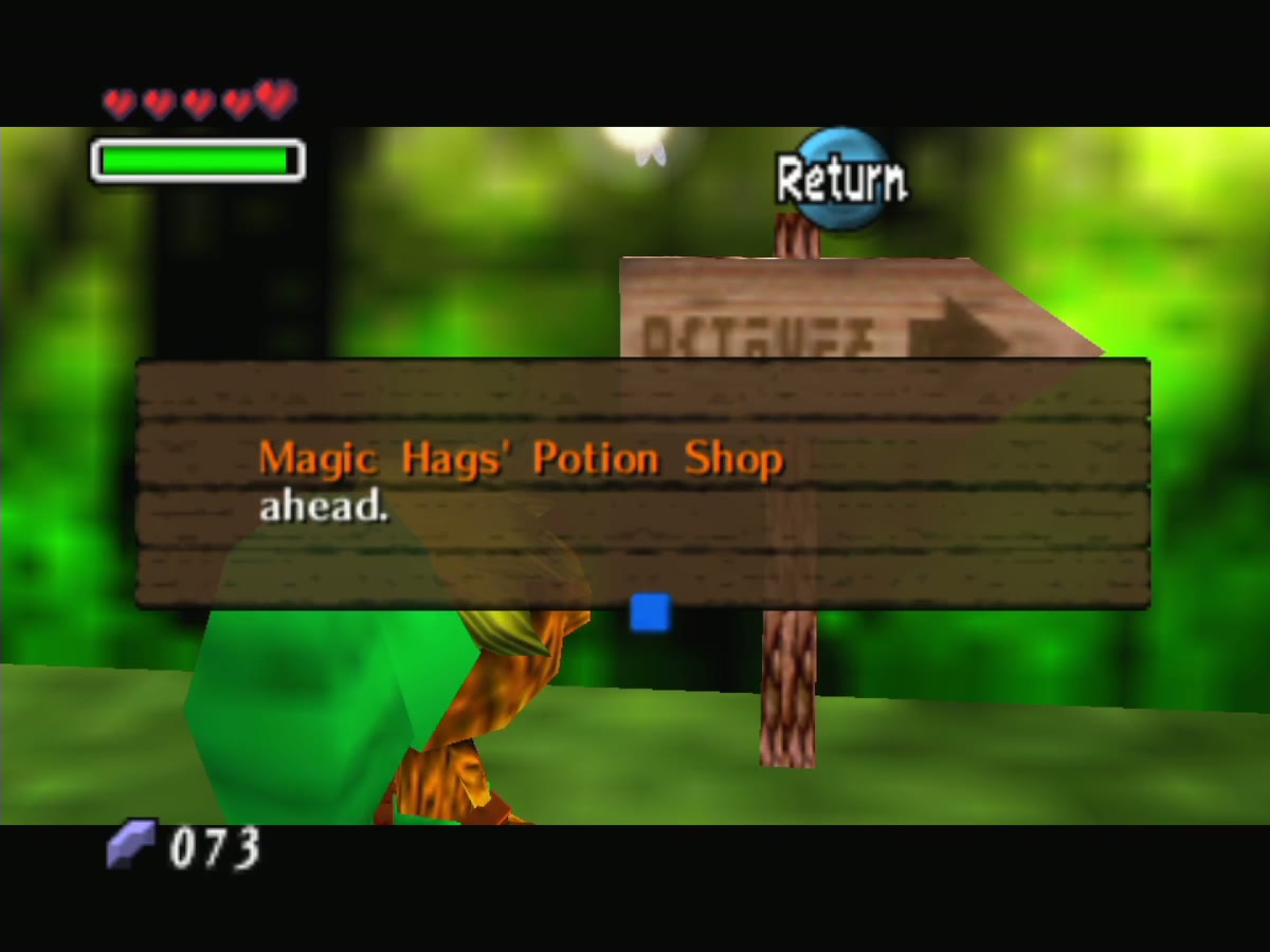 The signpost pointing the way to the Magic Hags' Potion Shop.