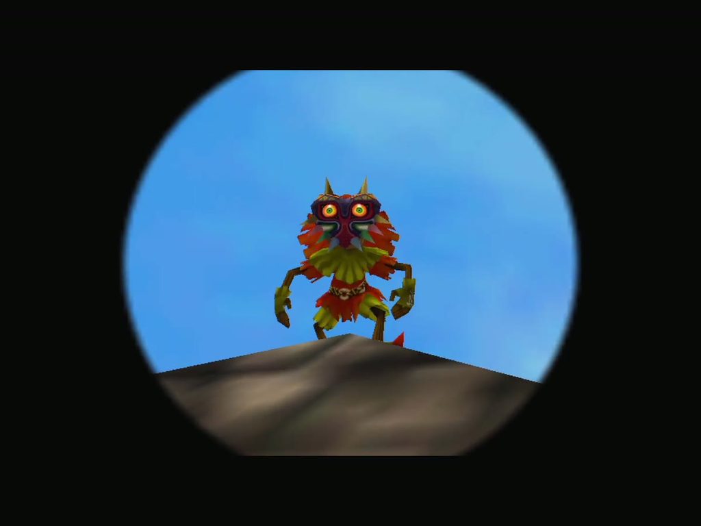 Skull Kid stands atop the Clock Tower, seen through the Astral Observatory telescope. Skull Kid stands atop the Clock Tower, seen through the Astral Observatory telescope.