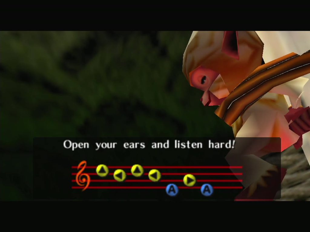 The monkey teaches Link the Sonata of Awakening, with the note staff on screen.