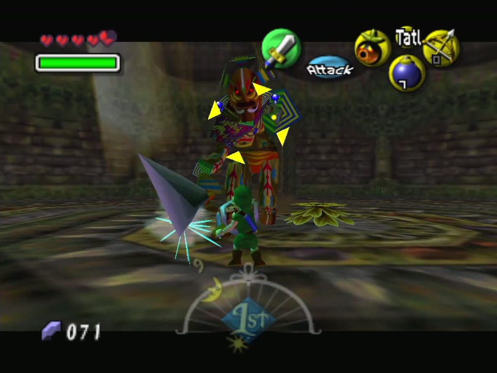 Link closes in and strikes Odolwa with his sword. Link closes in and strikes Odolwa with his sword.