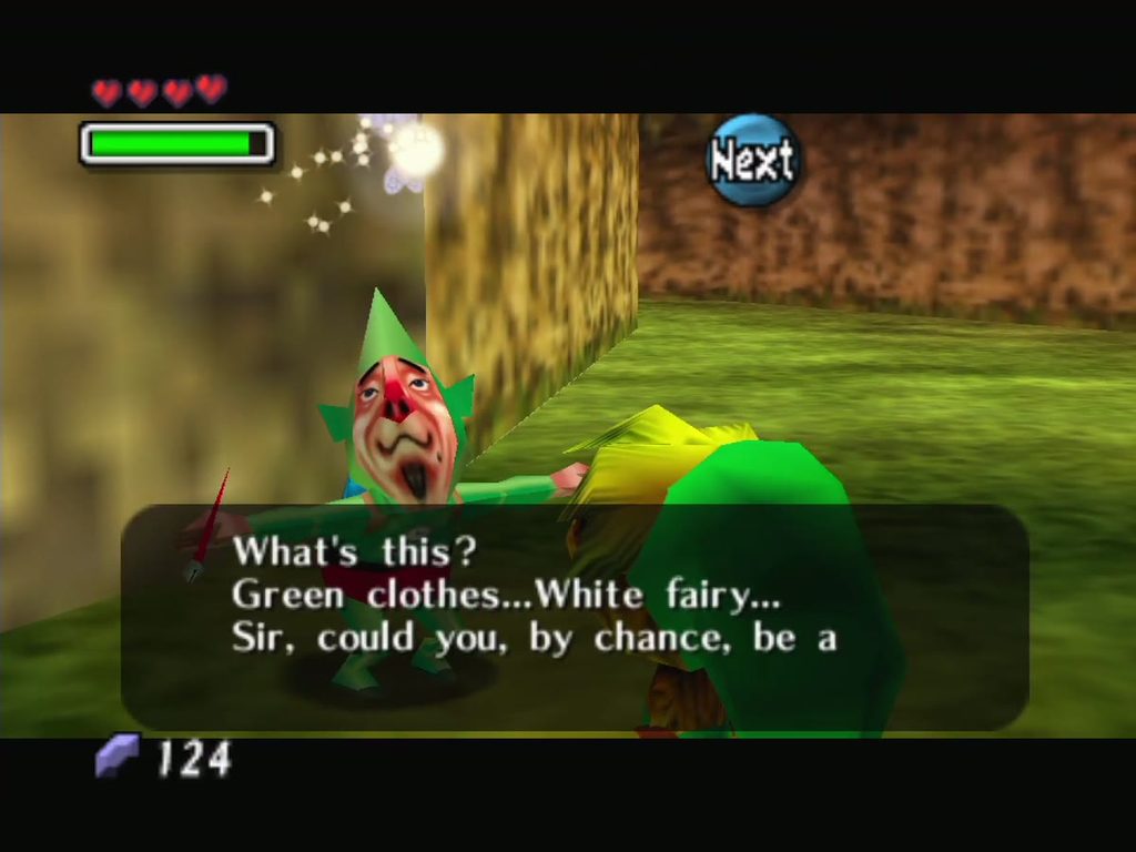 Tingle greets Link before offering his maps for sale.