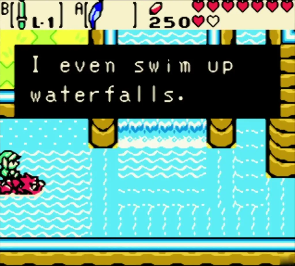 Link on Dimitri swimming upriver under the Nuun Highlands waterfall, text saying I even swim up waterfalls Link on Dimitri swimming upriver under the Nuun Highlands waterfall, text saying I even swim up waterfalls
