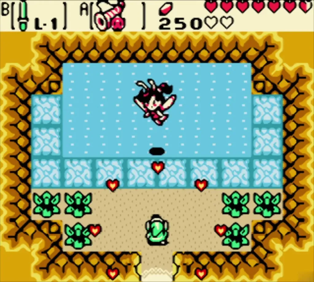 Hearts drifting down in the Great Fairy fountain room as Link's hearts are refilled Hearts drifting down in the Great Fairy fountain room as Link's hearts are refilled