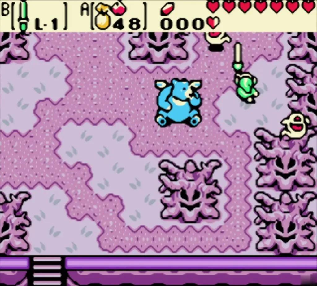 Link raising his sword toward the Ghinis beside Moosh in the purple highland room Link raising his sword toward the Ghinis beside Moosh in the purple highland room
