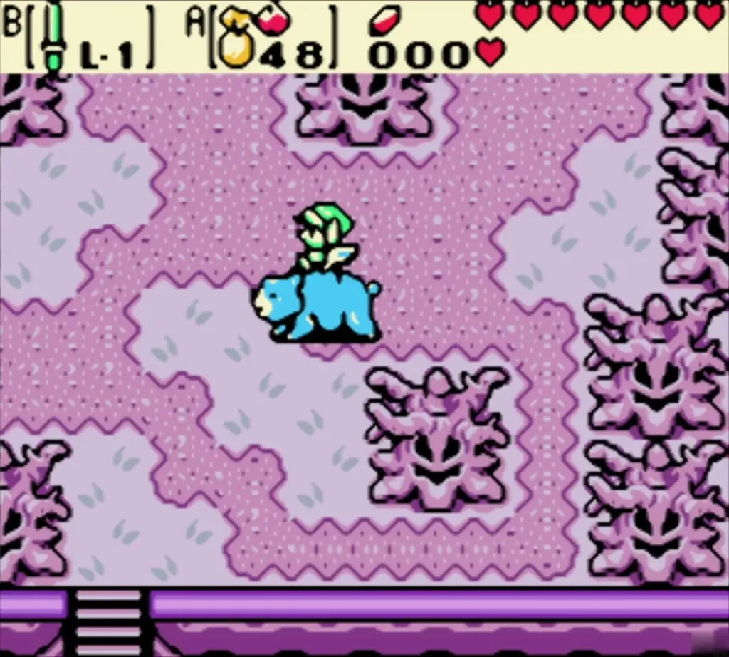 Link riding Moosh across the purple highland room Link riding Moosh across the purple highland room