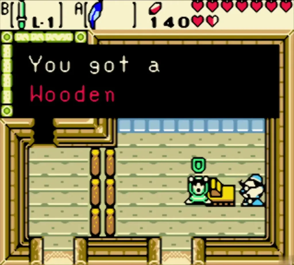 Link buying the Wooden Shield inside the Lynna Village shop Link buying the Wooden Shield inside the Lynna Village shop