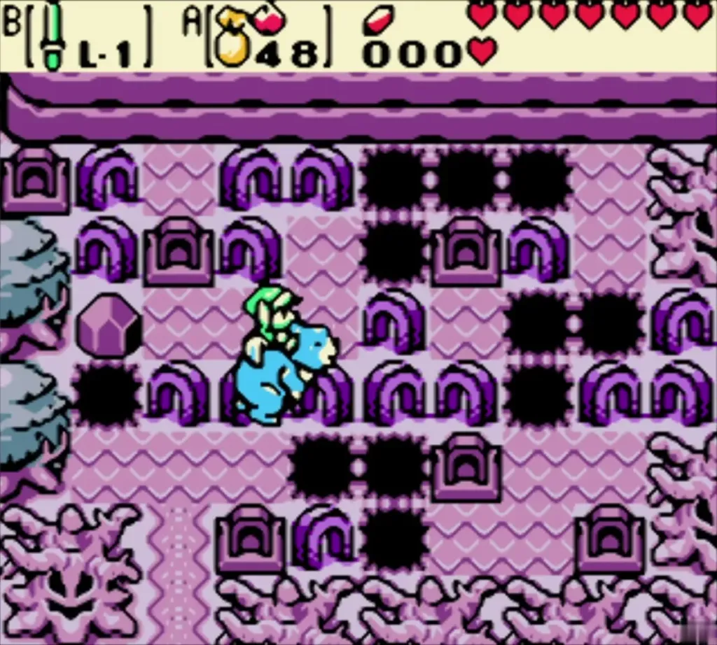 Link riding Moosh as he floats across the pits of the highland room Link riding Moosh as he floats across the pits of the highland room