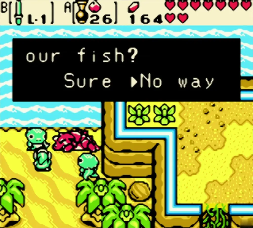 Tokay and Dimitri on the Crescent Island sand as Link answers the fish trade question Tokay and Dimitri on the Crescent Island sand as Link answers the fish trade question