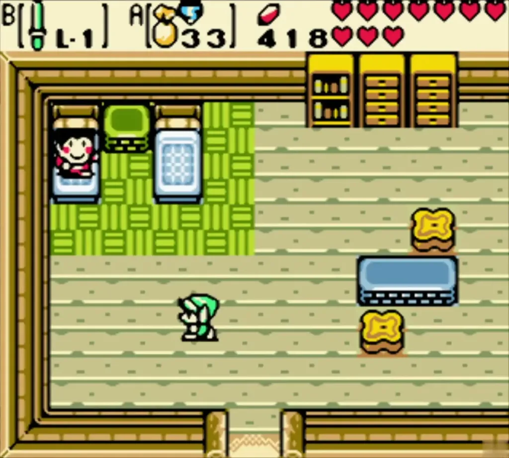 Link inside the north Lynna Village house with Blossom and the child in the bed corner Link inside the north Lynna Village house with Blossom and the child in the bed corner