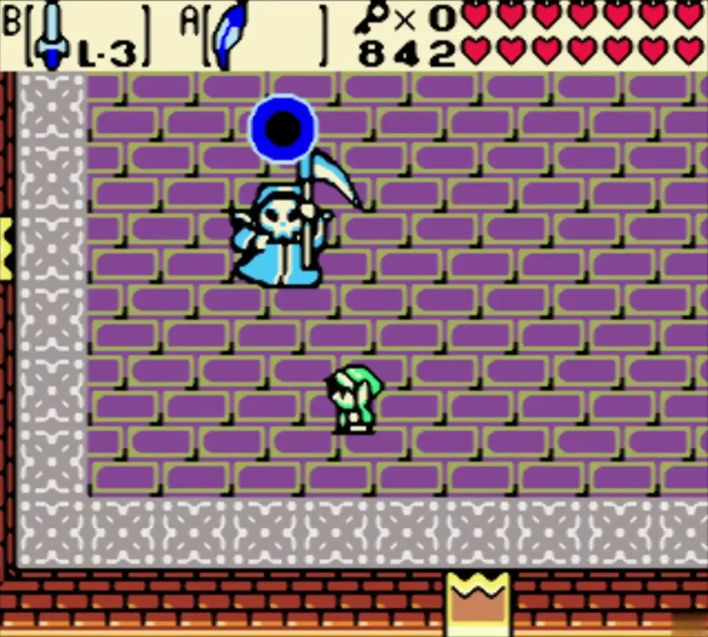 The Blue Stalfos reaper summoning a round magic orb in the Ancient Tomb miniboss room
