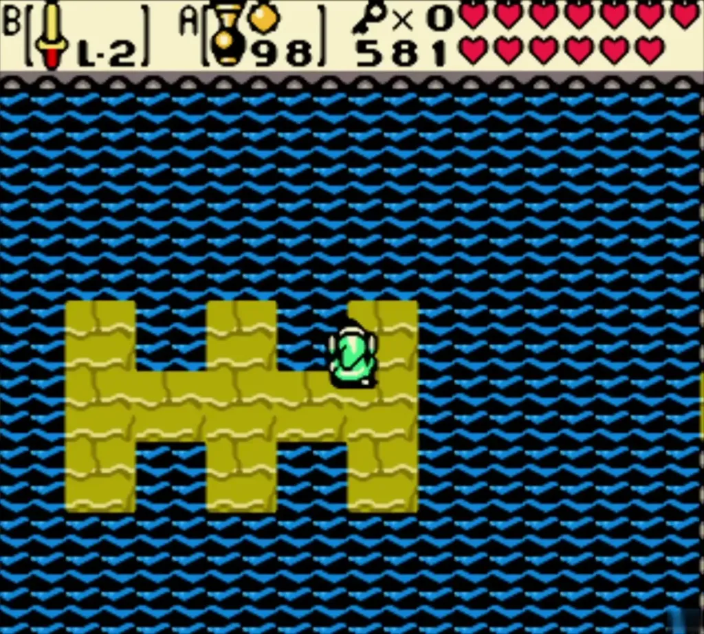 Link on the boss room platform with full hearts after Octogon sinks