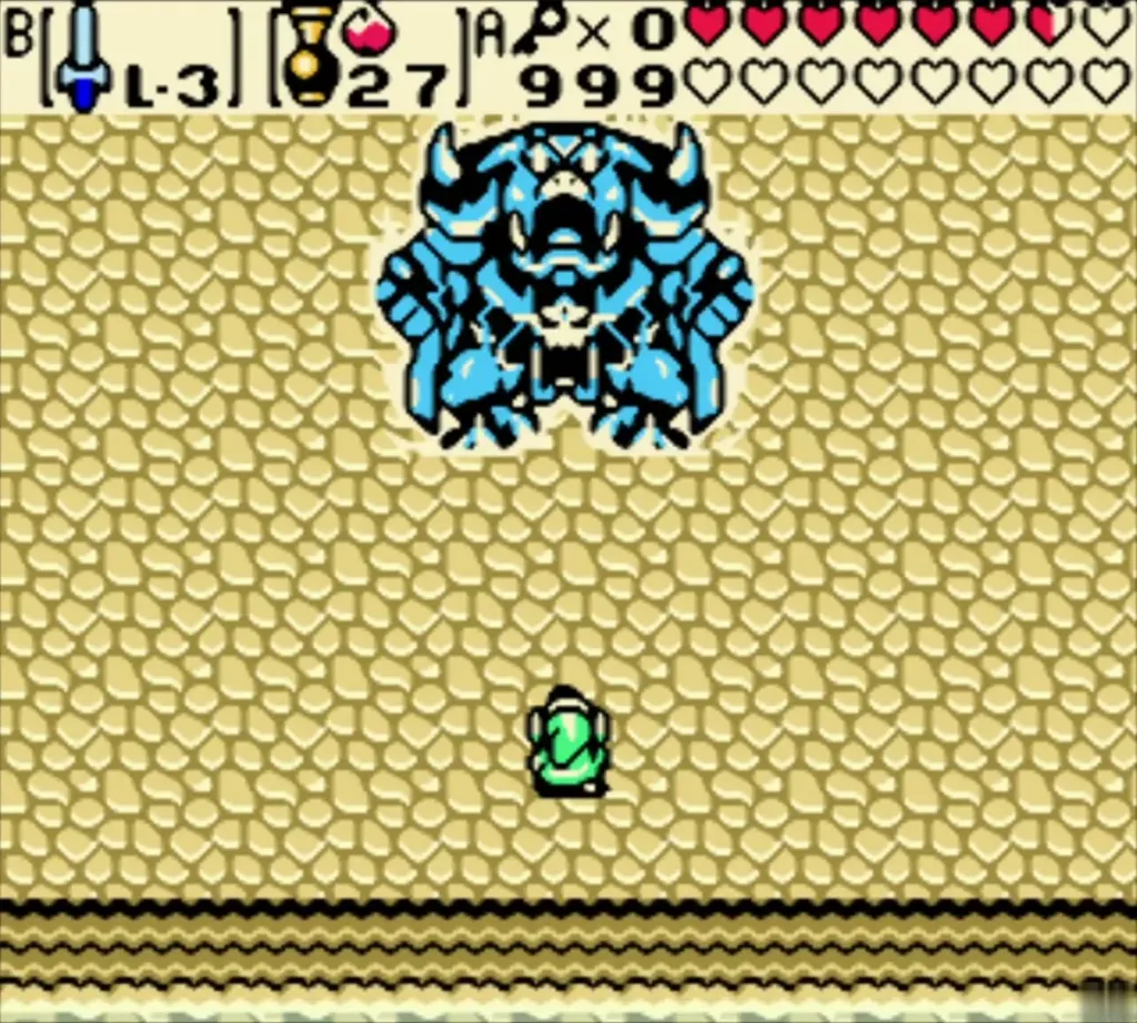 Ganon appears as a blue boar-like demon in the sand room over Link