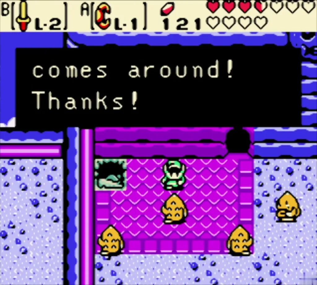 Gorons gather around Link on the keep roof to thank him after the fight