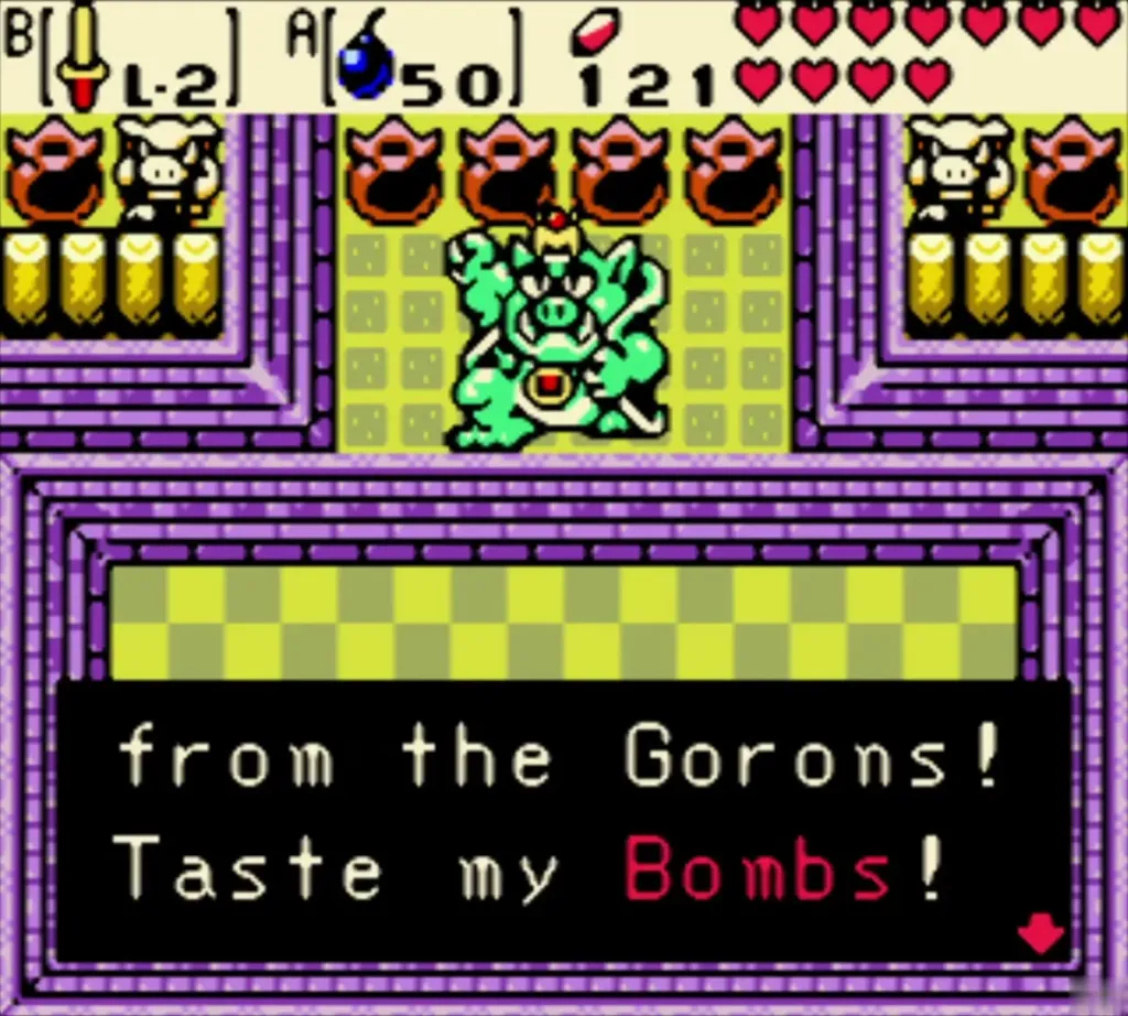 The Great Moblin on his throne boasts of the Bomb Flowers he stole from the Gorons