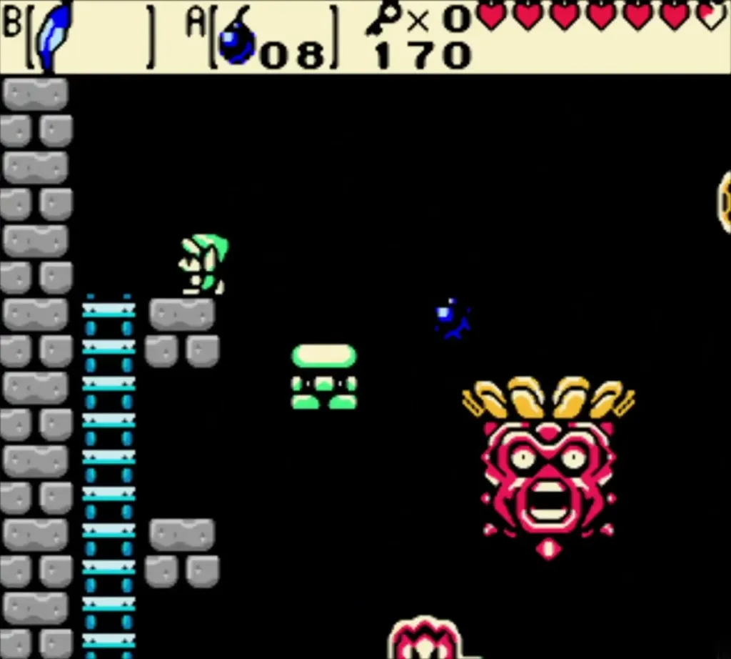Link throwing a bomb toward the red face of Head Thwomp in its side-view arena
